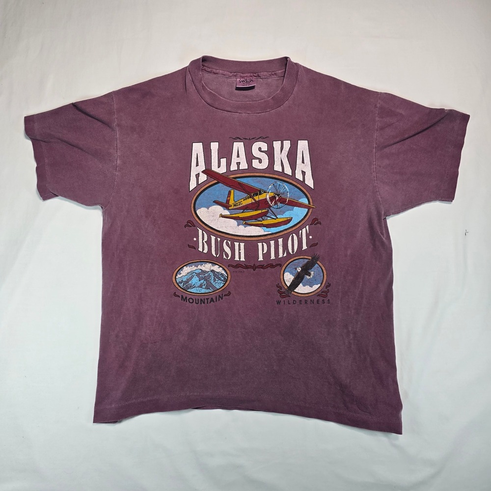 Vintage Sanegal Alaska Bush Pilot T-Shirt Large Purple Made in USA Single Stitch